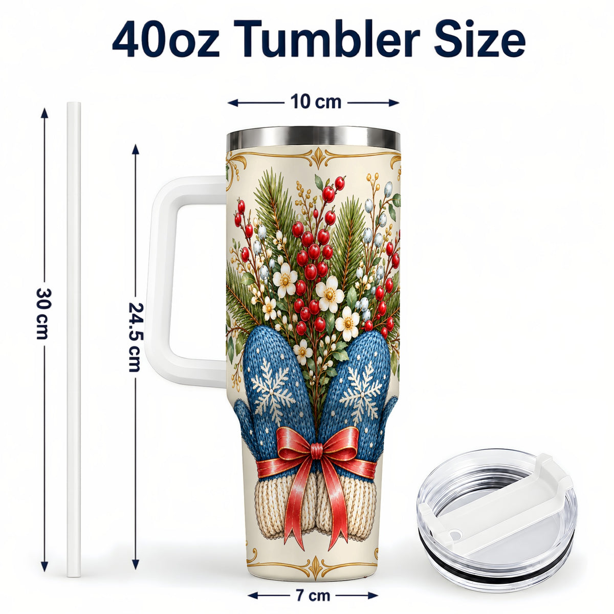 #pl[40oz|White] Winter Mittens 40oz Tumbler with Handle, Botanical Holiday Travel Cup