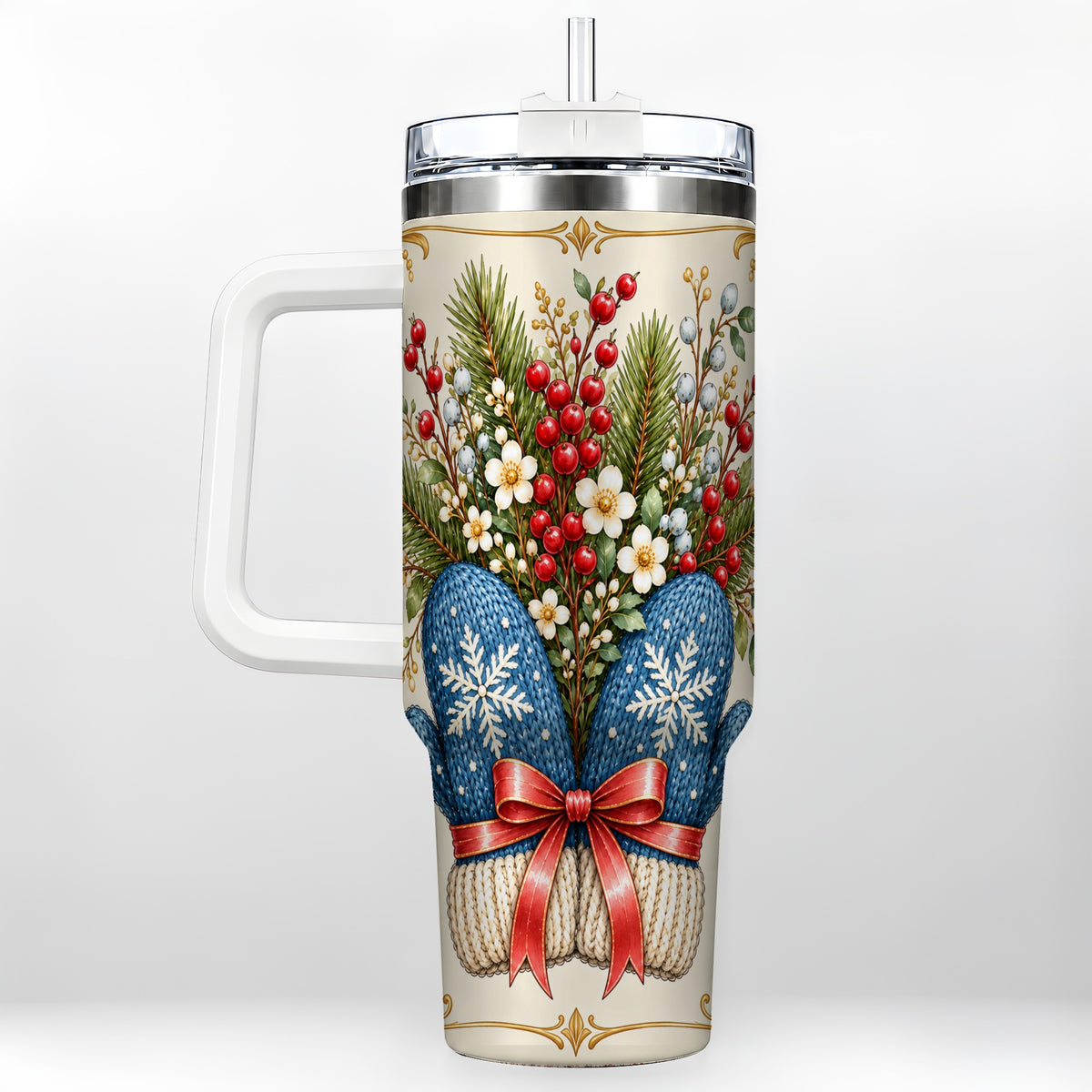Winter Mittens 40oz Tumbler with Handle, Botanical Holiday Travel Cup