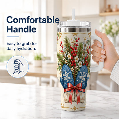 #pl[40oz|White] Winter Mittens 40oz Tumbler with Handle, Botanical Holiday Travel Cup