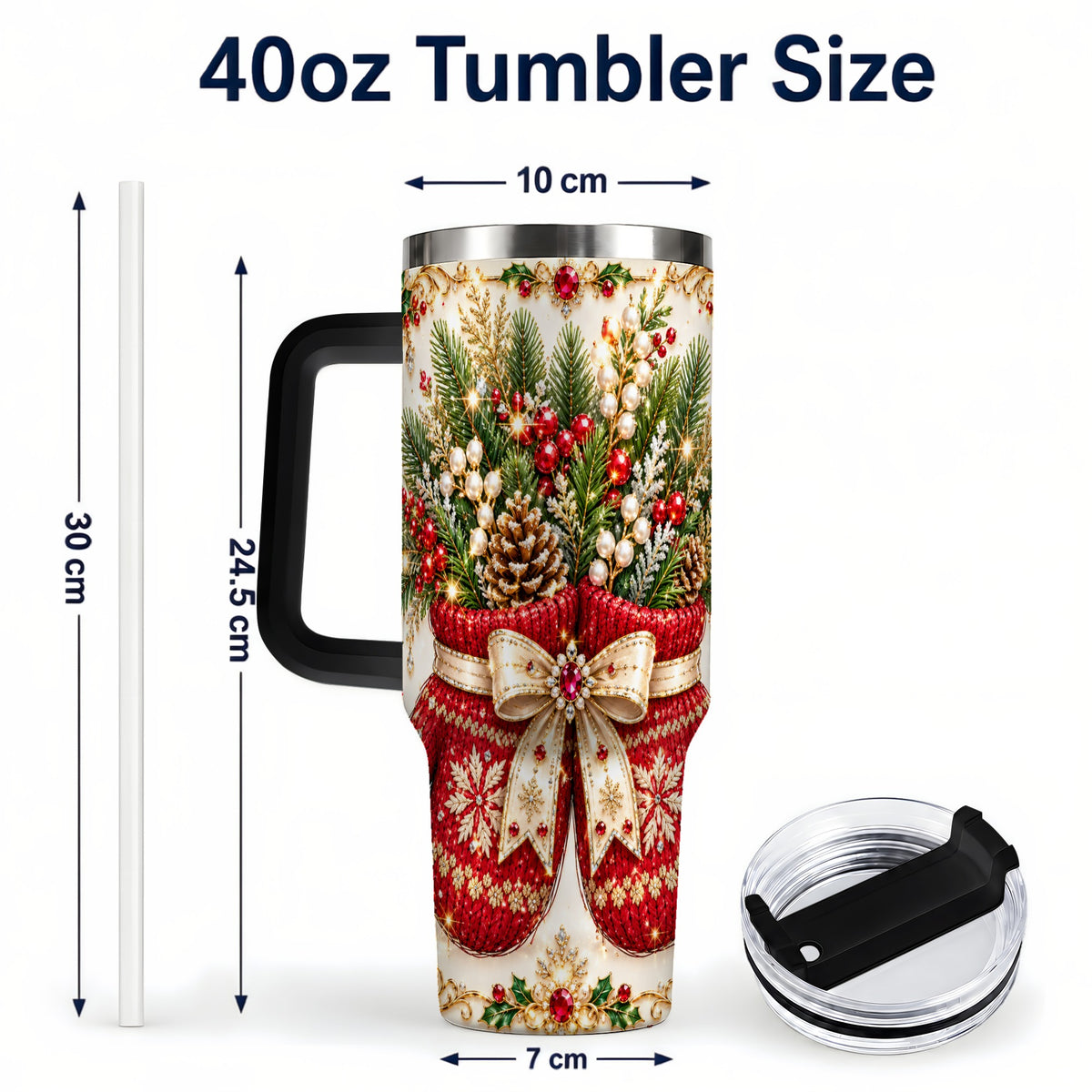 #pl[40oz|Black] Christmas Mittens 40oz Tumbler with Handle, Jeweled Holiday Travel Cup