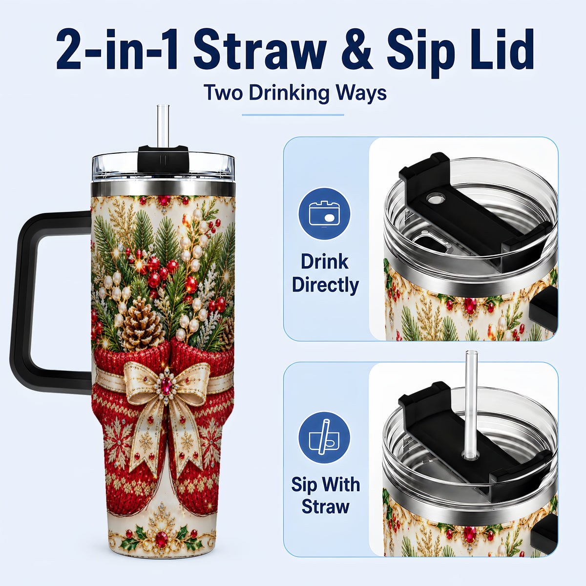 #pl[40oz|Black] Christmas Mittens 40oz Tumbler with Handle, Jeweled Holiday Travel Cup