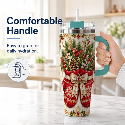 #pl[40oz|Green] Christmas Mittens 40oz Tumbler with Handle, Jeweled Holiday Travel Cup