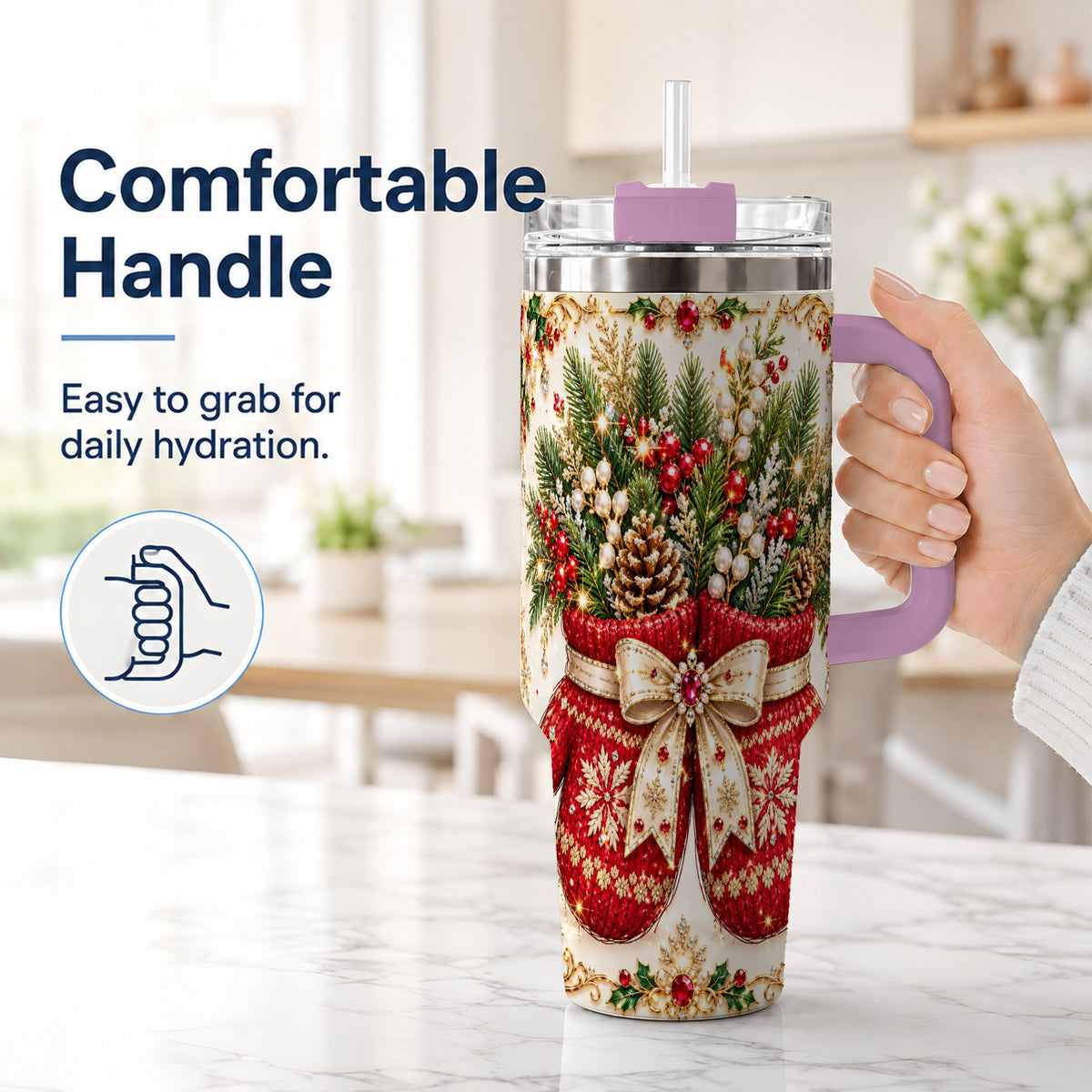 #pl[40oz|Pink] Christmas Mittens 40oz Tumbler with Handle, Jeweled Holiday Travel Cup