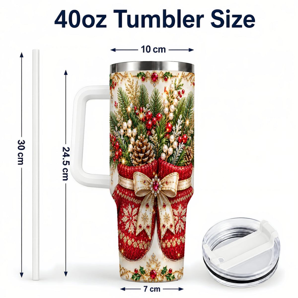 #pl[40oz|White] Christmas Mittens 40oz Tumbler with Handle, Jeweled Holiday Travel Cup