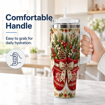 #pl[40oz|White] Christmas Mittens 40oz Tumbler with Handle, Jeweled Holiday Travel Cup