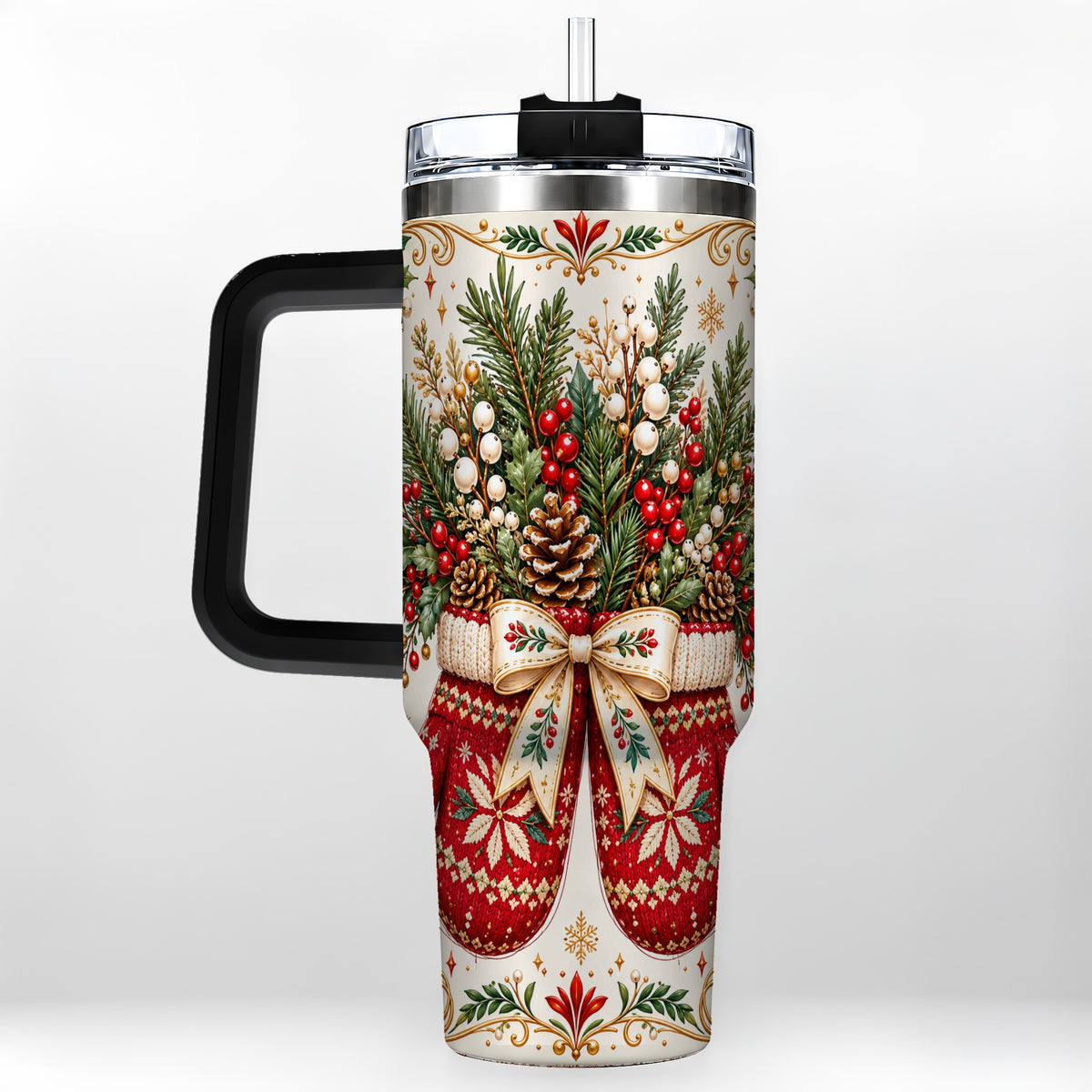 #pl[40oz|Black] Christmas Mittens 40oz Tumbler with Handle, Winter Floral Travel Cup