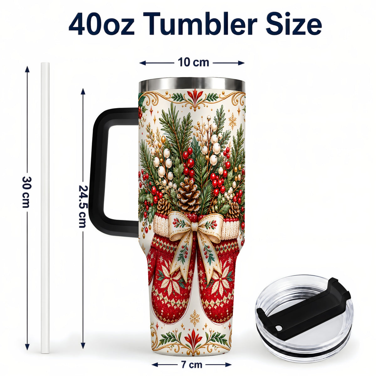 #pl[40oz|Black] Christmas Mittens 40oz Tumbler with Handle, Winter Floral Travel Cup