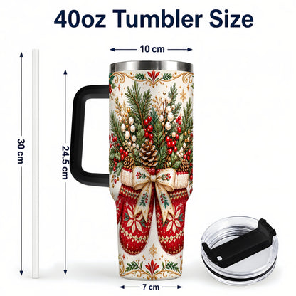#pl[40oz|Black] Christmas Mittens 40oz Tumbler with Handle, Winter Floral Travel Cup