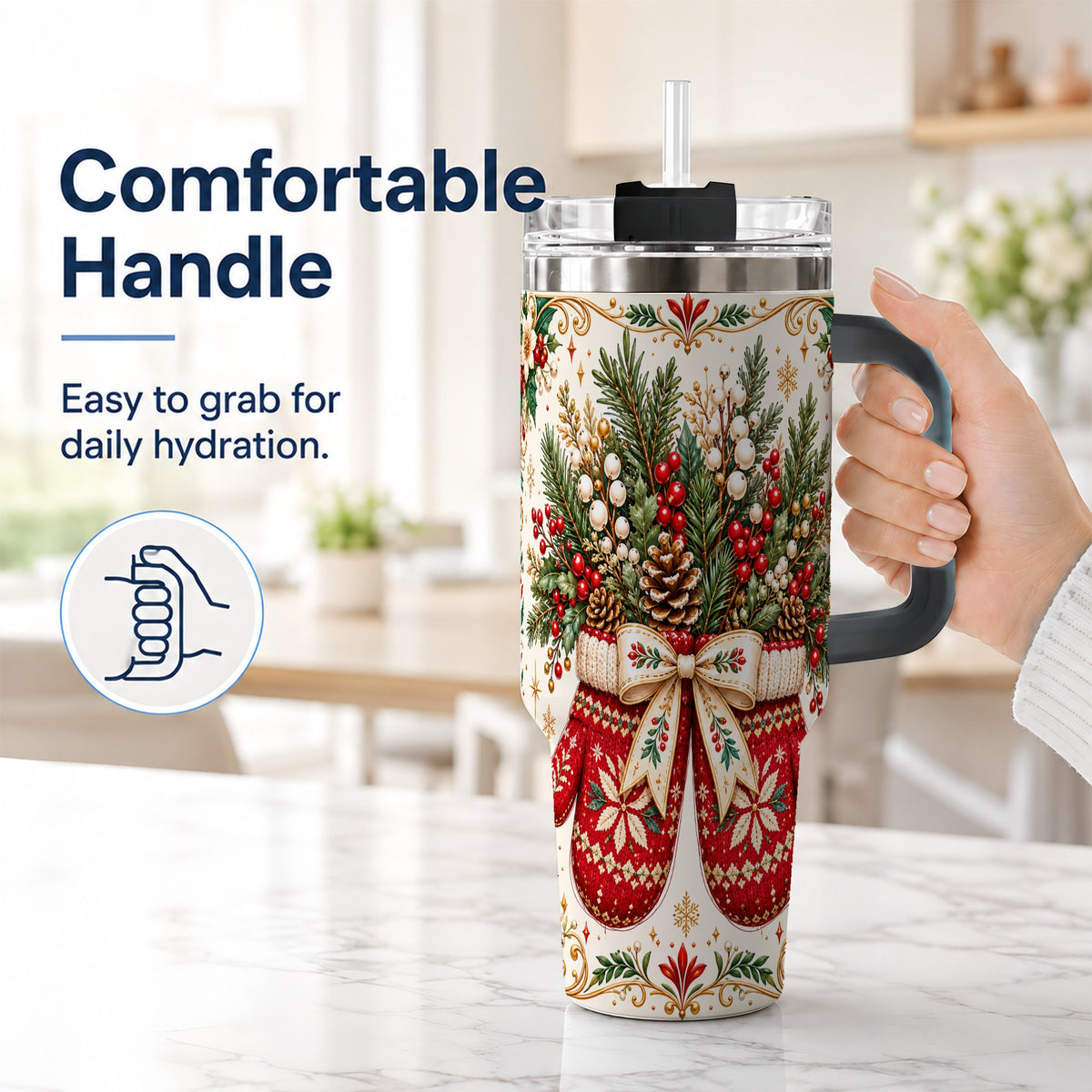 #pl[40oz|Black] Christmas Mittens 40oz Tumbler with Handle, Winter Floral Travel Cup