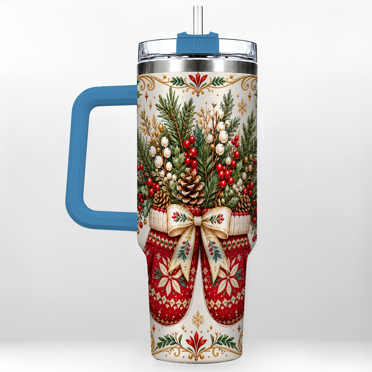 #pl[40oz|Blue] Christmas Mittens 40oz Tumbler with Handle, Winter Floral Travel Cup
