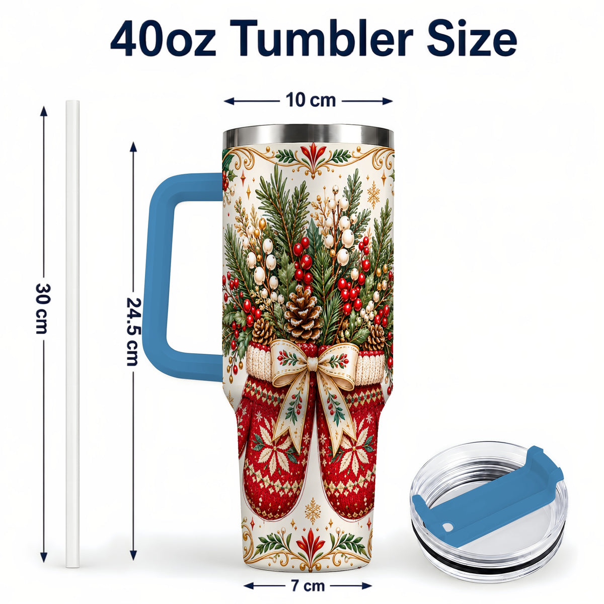#pl[40oz|Blue] Christmas Mittens 40oz Tumbler with Handle, Winter Floral Travel Cup