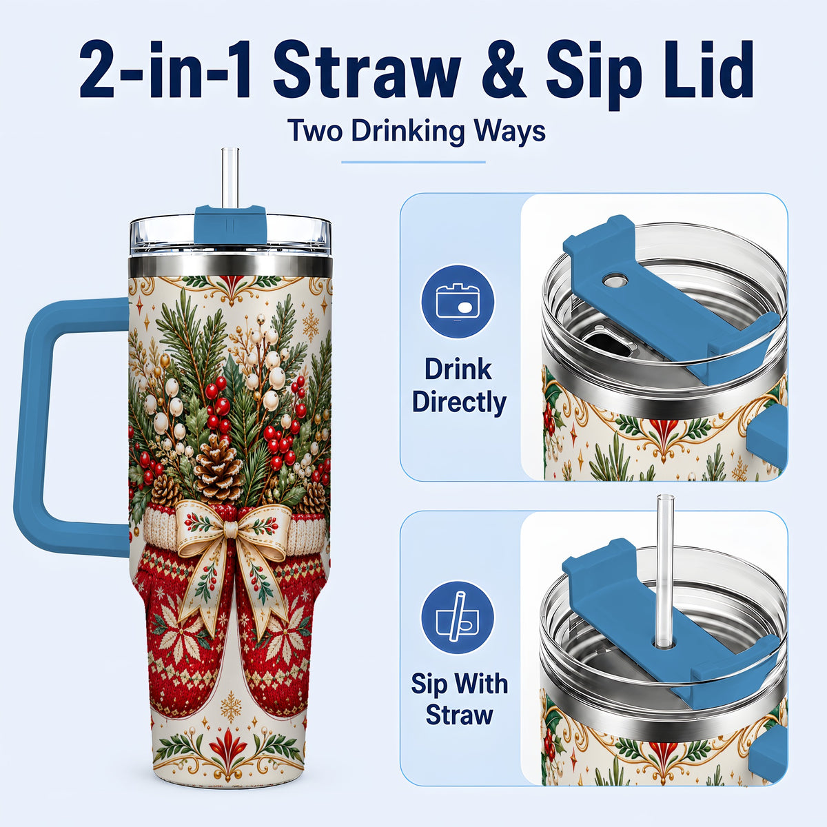 #pl[40oz|Blue] Christmas Mittens 40oz Tumbler with Handle, Winter Floral Travel Cup