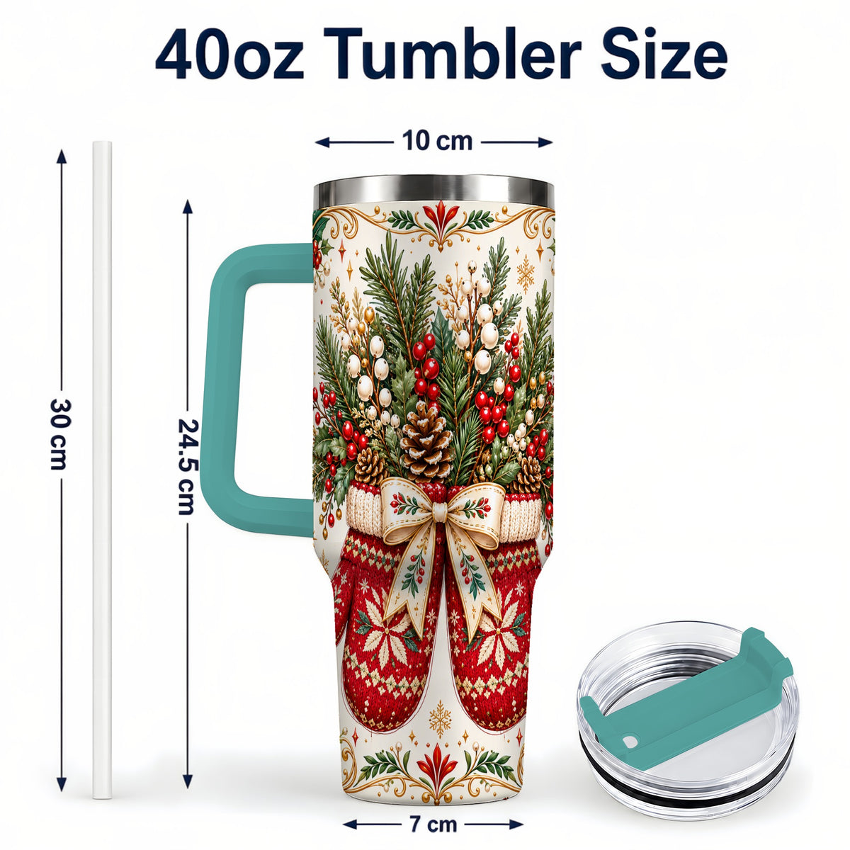 #pl[40oz|Green] Christmas Mittens 40oz Tumbler with Handle, Winter Floral Travel Cup