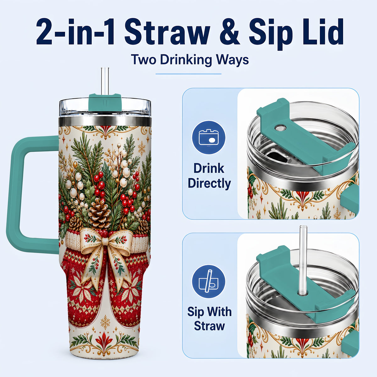 #pl[40oz|Green] Christmas Mittens 40oz Tumbler with Handle, Winter Floral Travel Cup