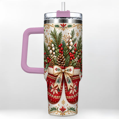 #pl[40oz|Pink] Christmas Mittens 40oz Tumbler with Handle, Winter Floral Travel Cup