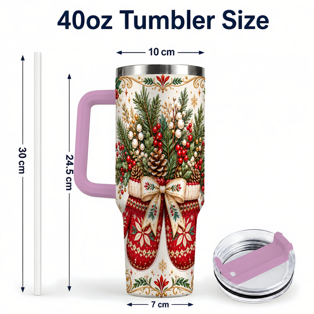 #pl[40oz|Pink] Christmas Mittens 40oz Tumbler with Handle, Winter Floral Travel Cup