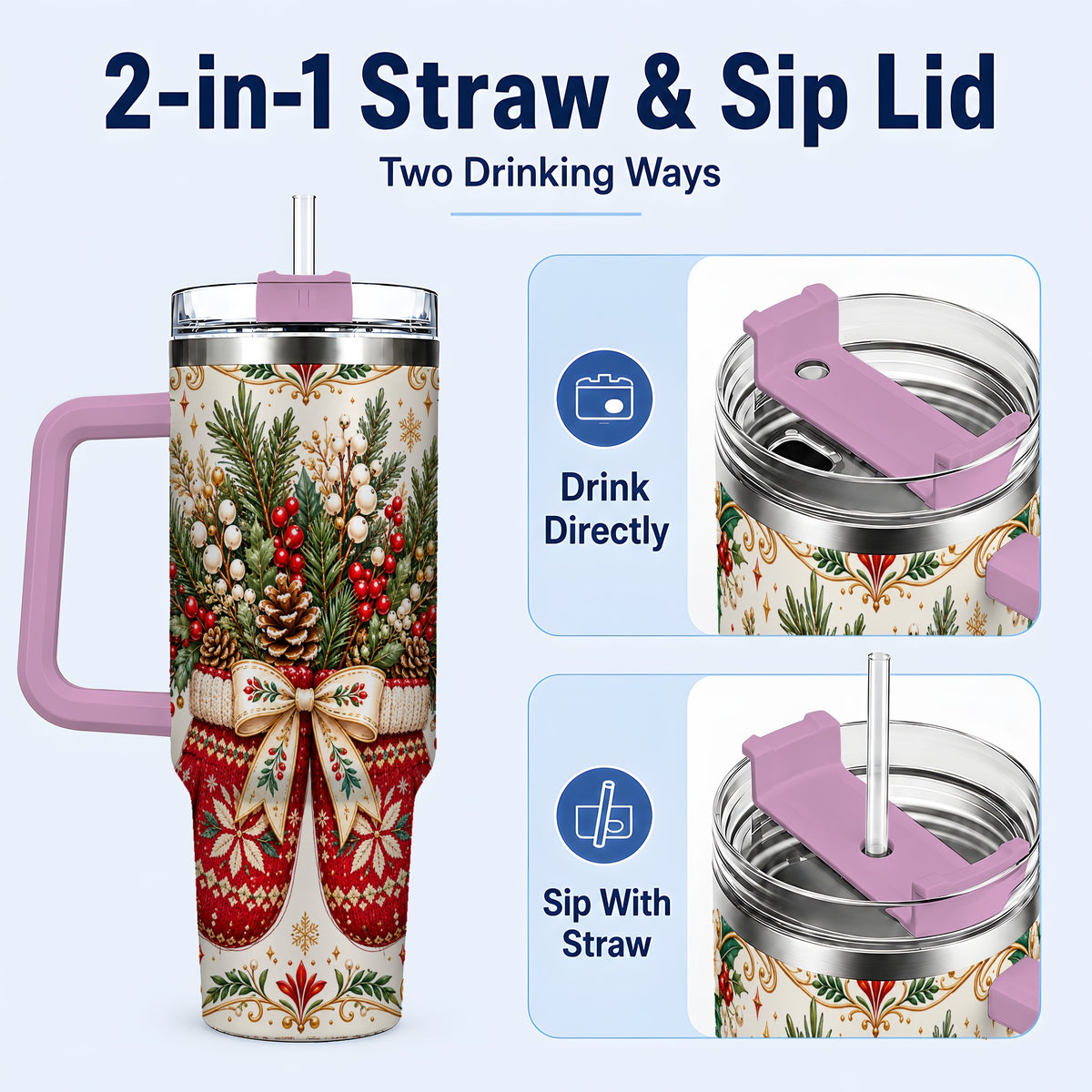 #pl[40oz|Pink] Christmas Mittens 40oz Tumbler with Handle, Winter Floral Travel Cup
