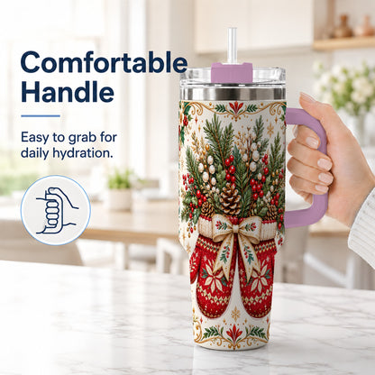 #pl[40oz|Pink] Christmas Mittens 40oz Tumbler with Handle, Winter Floral Travel Cup