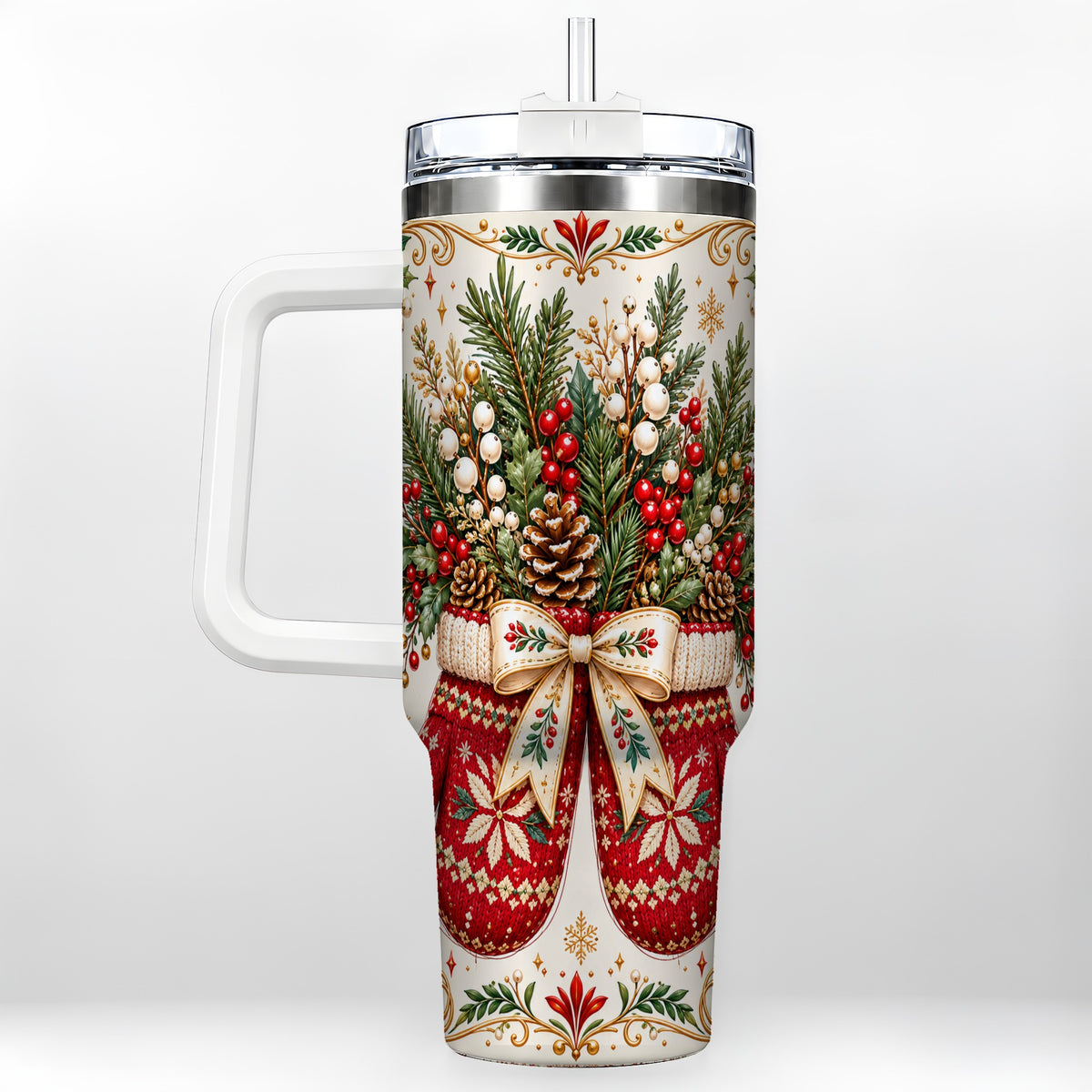 Christmas Mittens 40oz Tumbler with Handle, Winter Floral Travel Cup