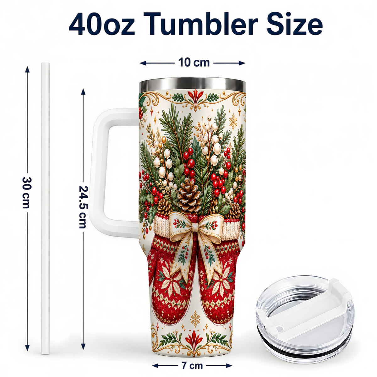 #pl[40oz|White] Christmas Mittens 40oz Tumbler with Handle, Winter Floral Travel Cup