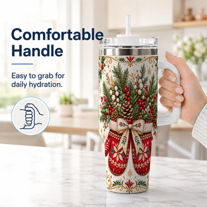 #pl[40oz|White] Christmas Mittens 40oz Tumbler with Handle, Winter Floral Travel Cup