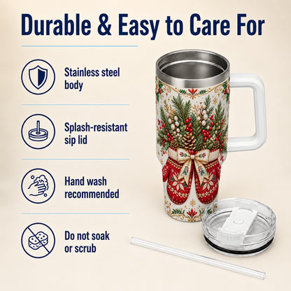 Christmas Mittens 40oz Tumbler with Handle, Winter Floral Travel Cup