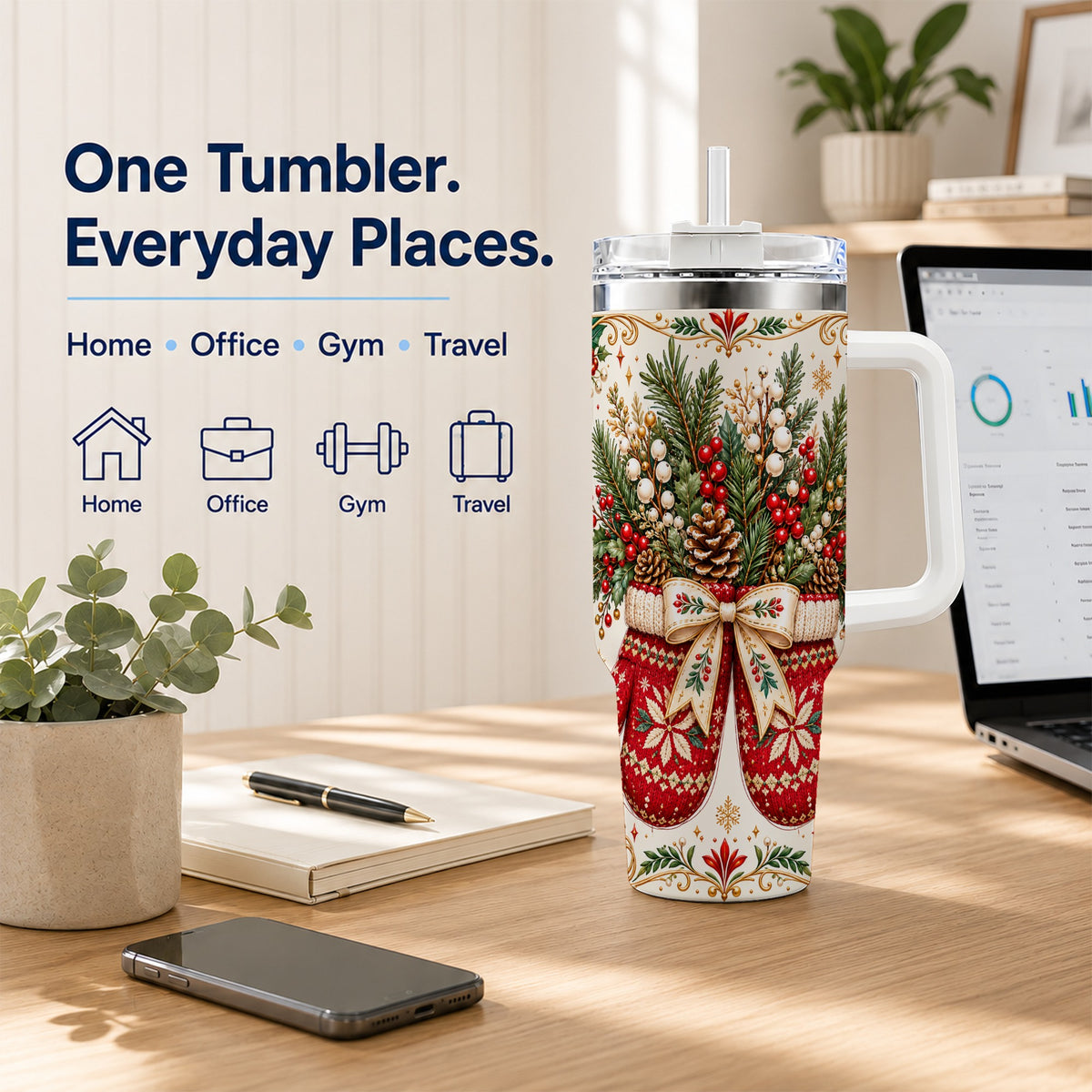 Christmas Mittens 40oz Tumbler with Handle, Winter Floral Travel Cup