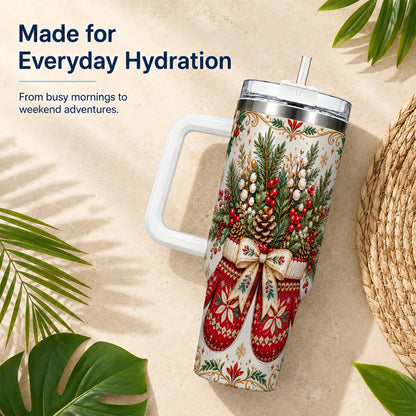 Christmas Mittens 40oz Tumbler with Handle, Winter Floral Travel Cup
