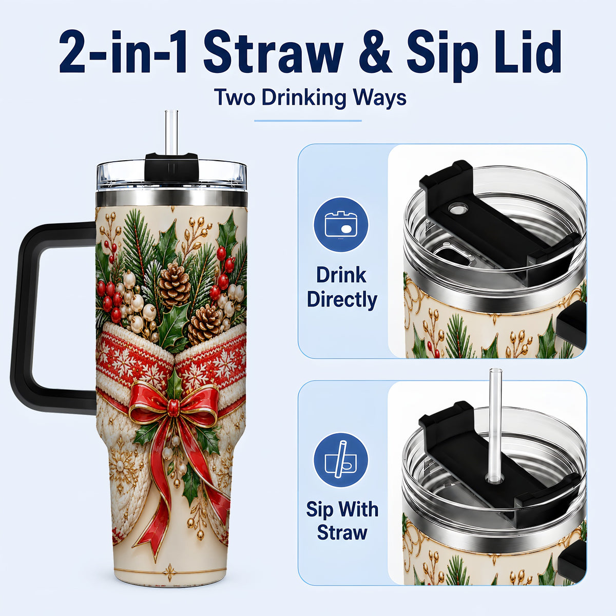 #pl[40oz|Black] Christmas Mittens 40oz Tumbler with Handle, Holly Pine Travel Cup