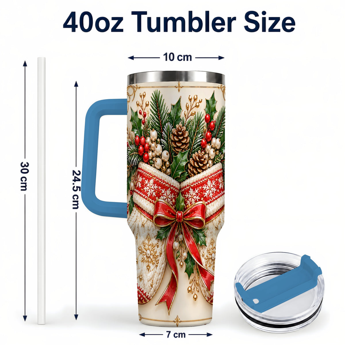 #pl[40oz|Blue] Christmas Mittens 40oz Tumbler with Handle, Holly Pine Travel Cup