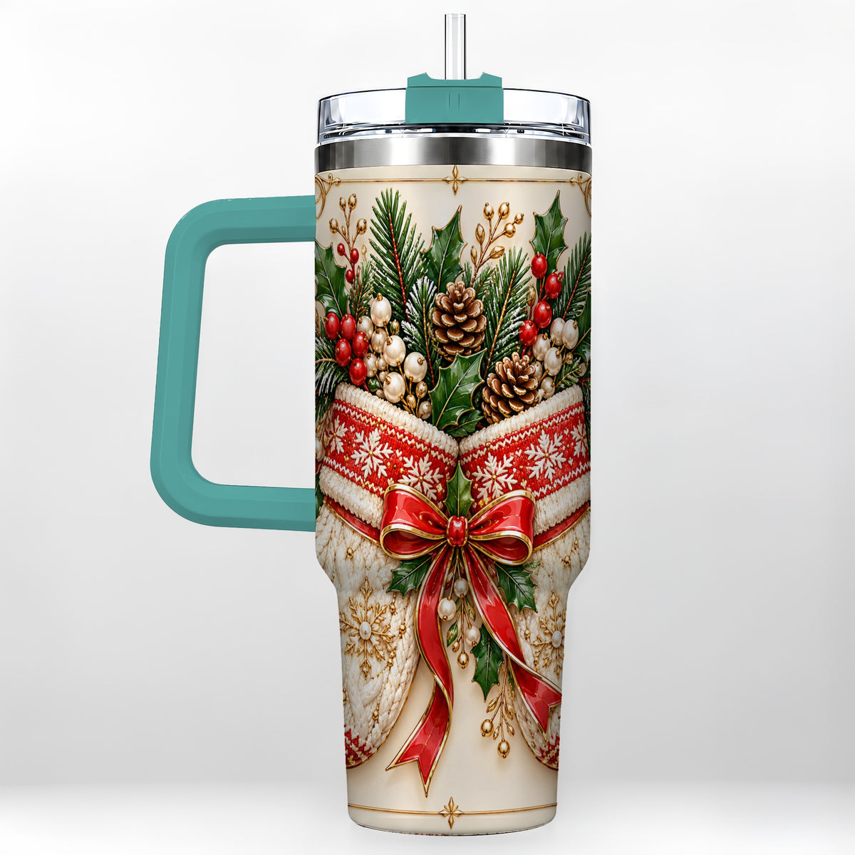 #pl[40oz|Green] Christmas Mittens 40oz Tumbler with Handle, Holly Pine Travel Cup