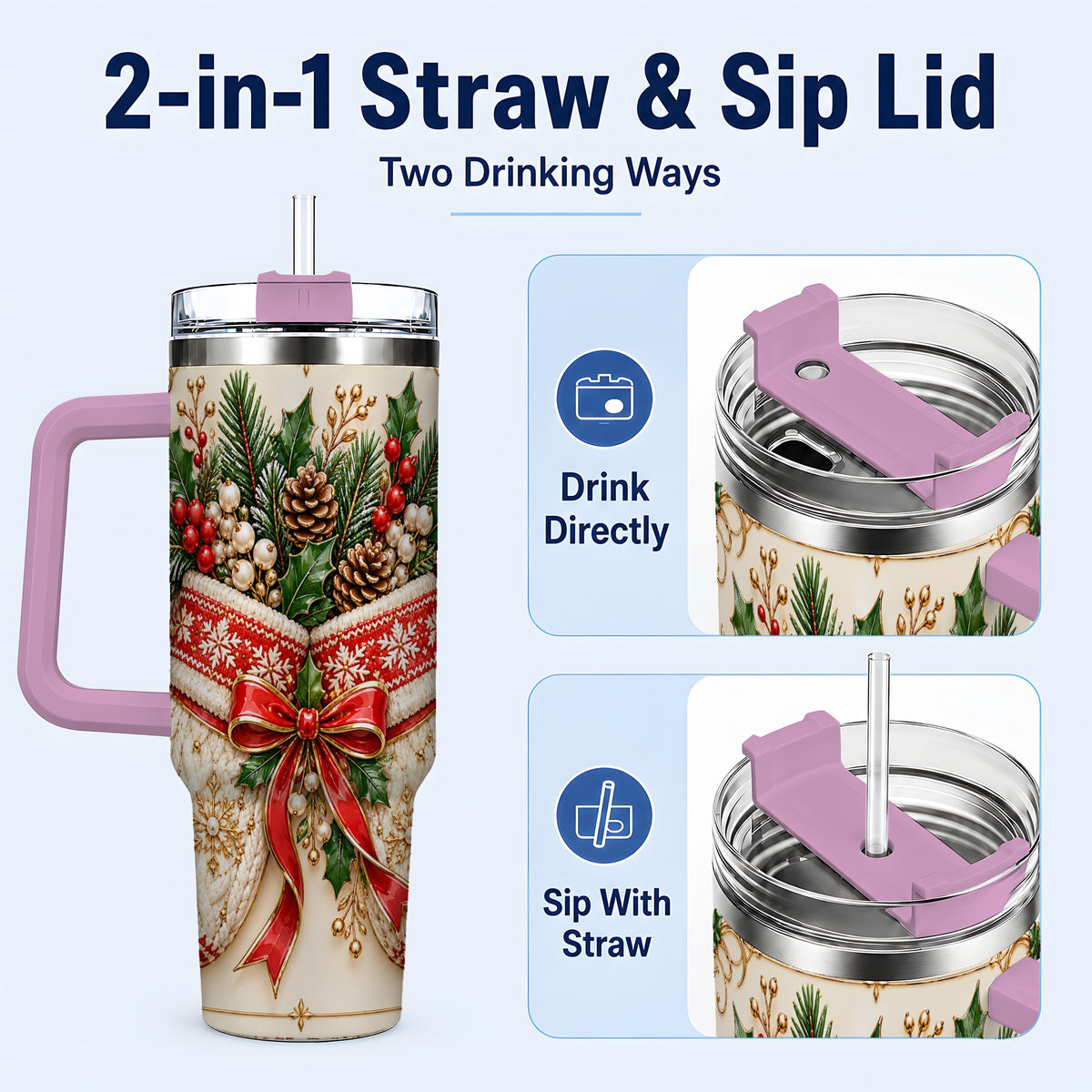 #pl[40oz|Pink] Christmas Mittens 40oz Tumbler with Handle, Holly Pine Travel Cup
