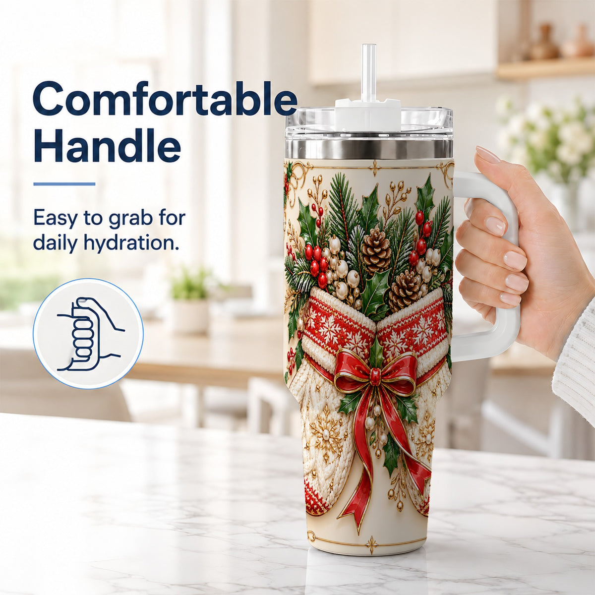 #pl[40oz|White] Christmas Mittens 40oz Tumbler with Handle, Holly Pine Travel Cup