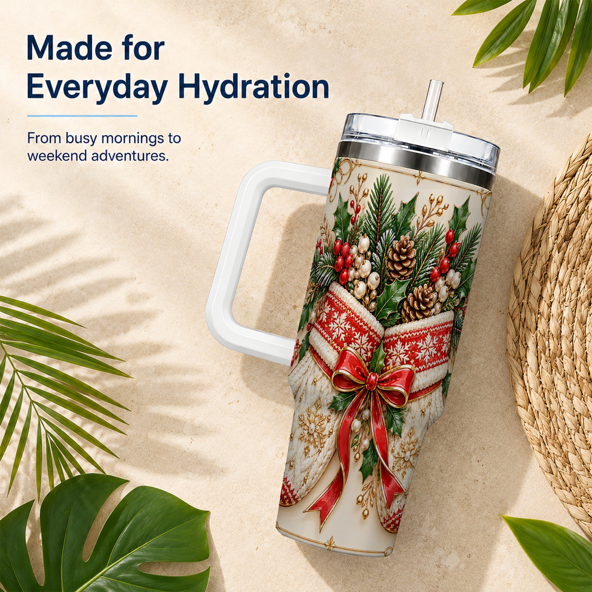 Christmas Mittens 40oz Tumbler with Handle, Holly Pine Travel Cup