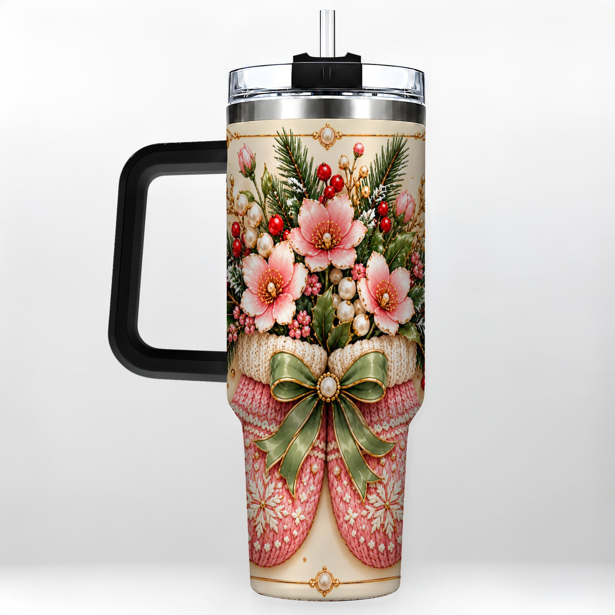 #pl[40oz|Black] Pink Christmas Mittens 40oz Tumbler with Handle, Floral Travel Cup