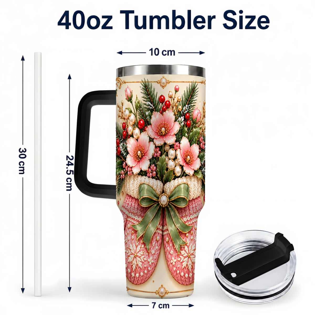 #pl[40oz|Black] Pink Christmas Mittens 40oz Tumbler with Handle, Floral Travel Cup