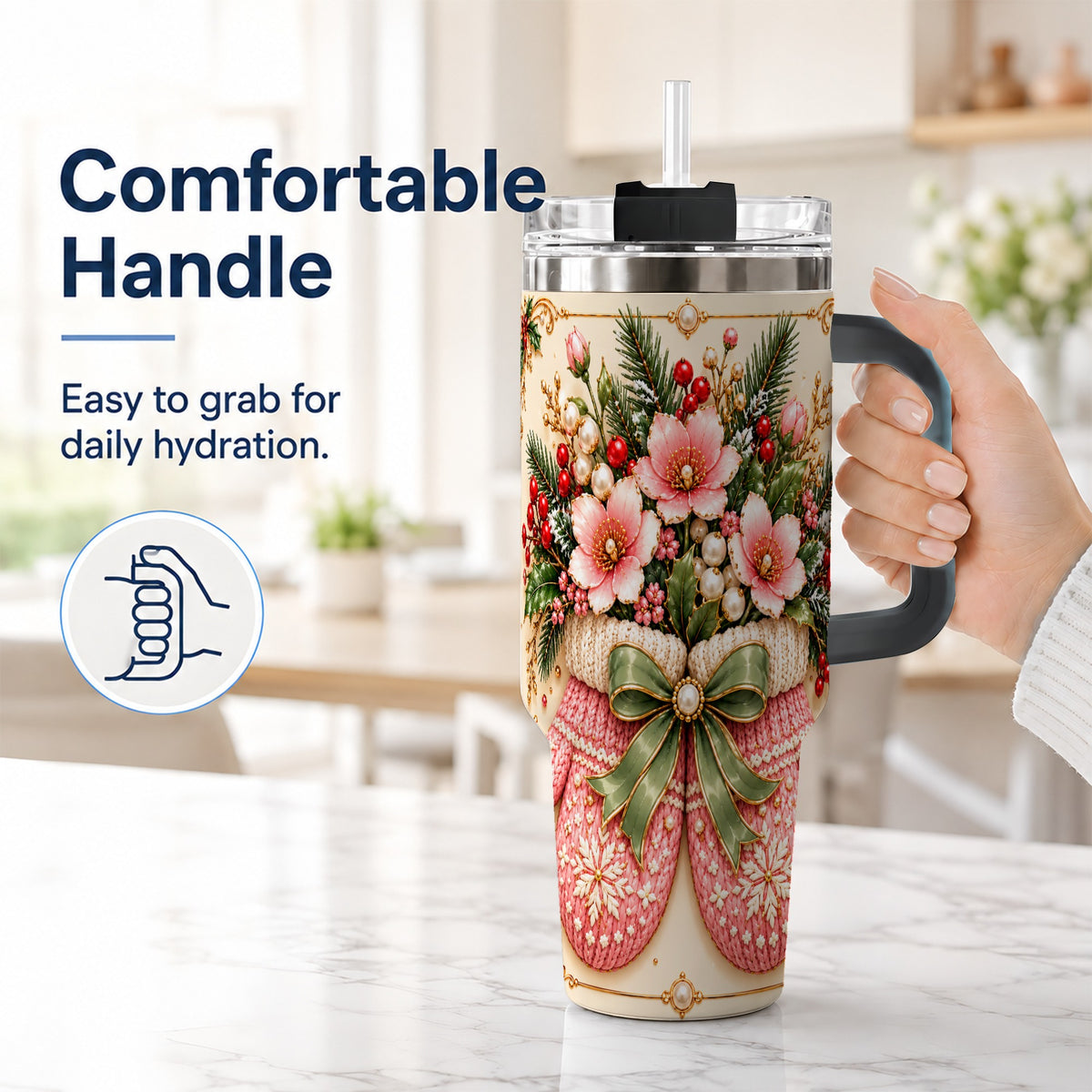 #pl[40oz|Black] Pink Christmas Mittens 40oz Tumbler with Handle, Floral Travel Cup
