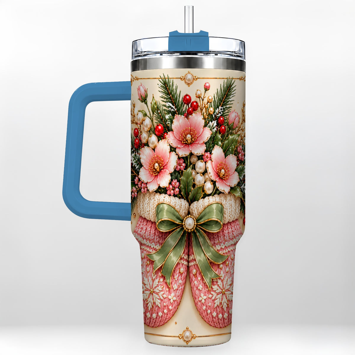 #pl[40oz|Blue] Pink Christmas Mittens 40oz Tumbler with Handle, Floral Travel Cup