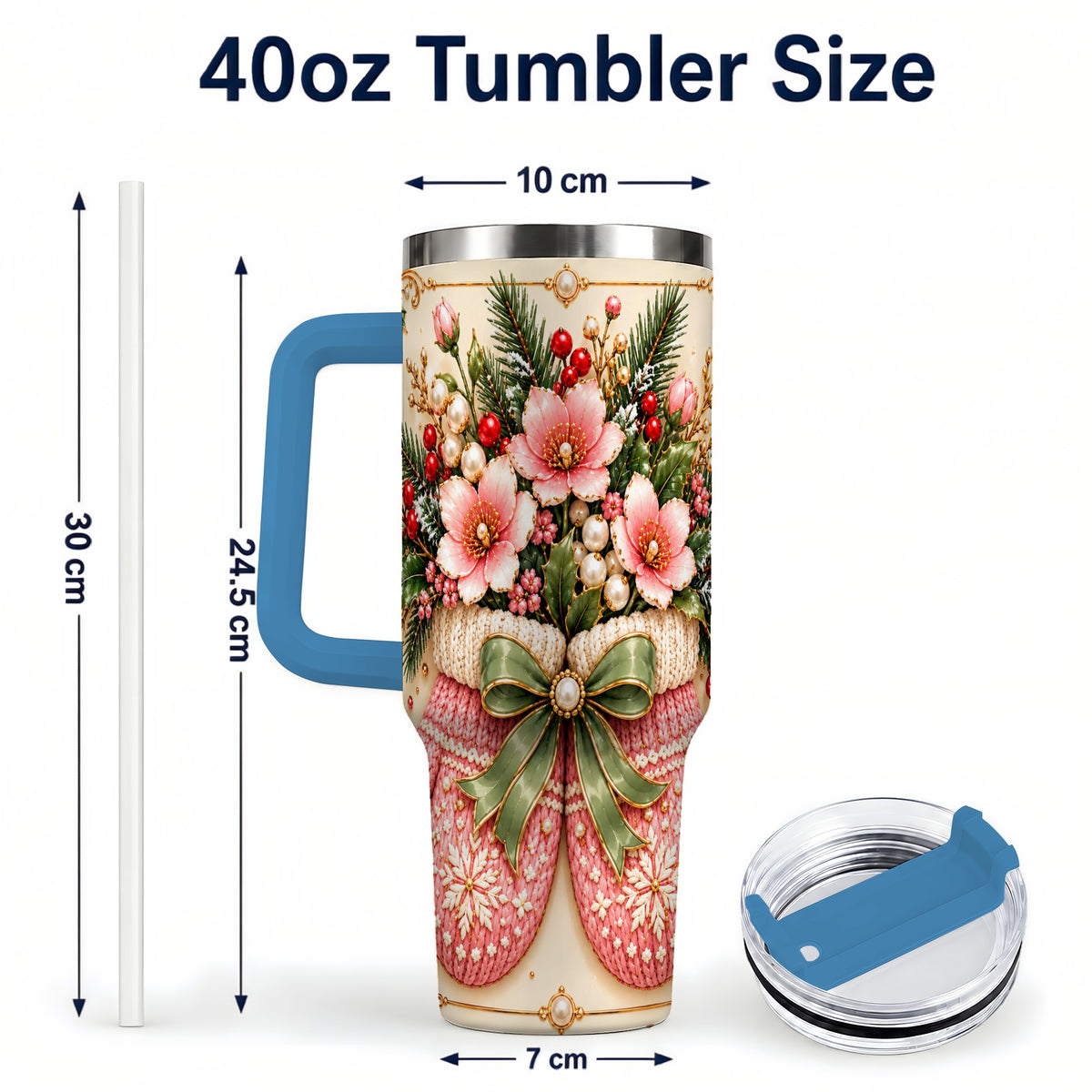 #pl[40oz|Blue] Pink Christmas Mittens 40oz Tumbler with Handle, Floral Travel Cup