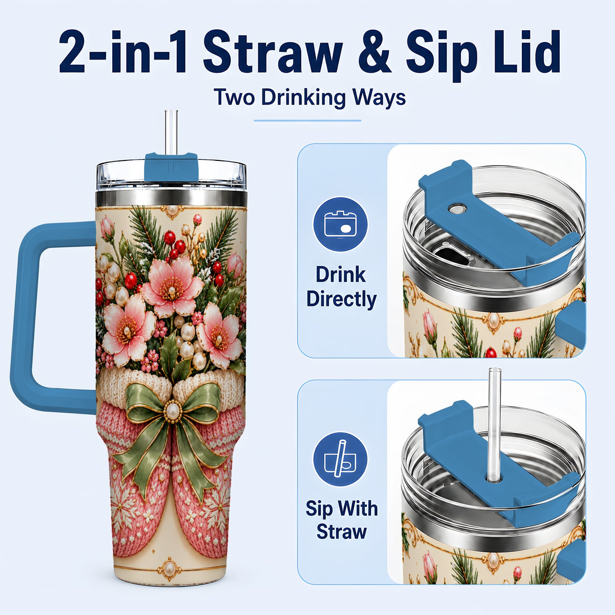 #pl[40oz|Blue] Pink Christmas Mittens 40oz Tumbler with Handle, Floral Travel Cup