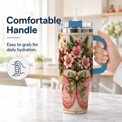 #pl[40oz|Blue] Pink Christmas Mittens 40oz Tumbler with Handle, Floral Travel Cup