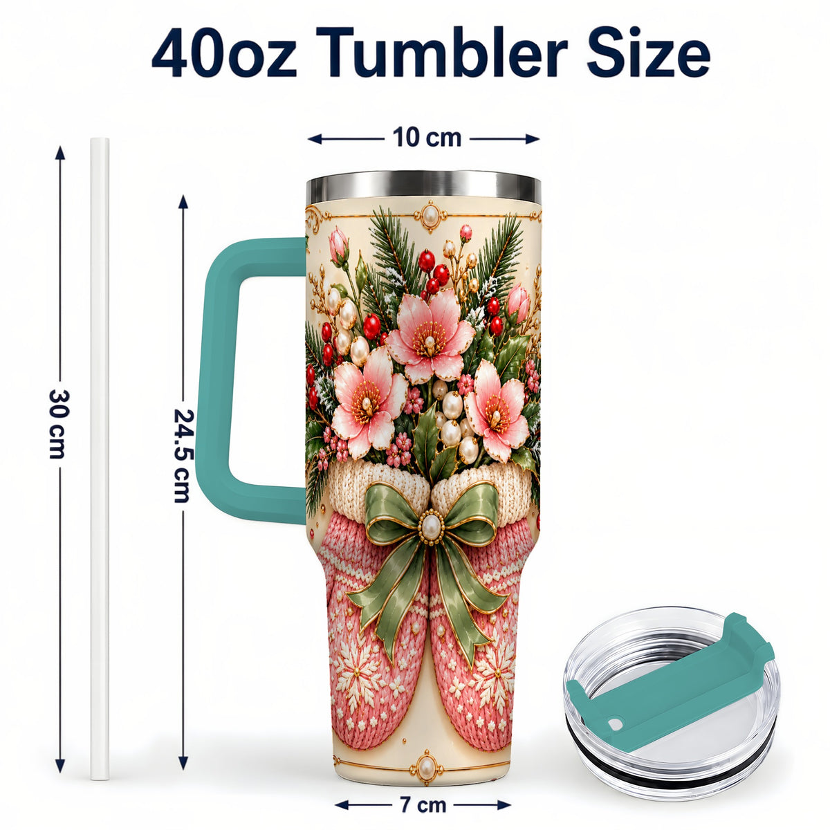 #pl[40oz|Green] Pink Christmas Mittens 40oz Tumbler with Handle, Floral Travel Cup