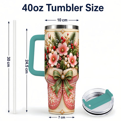 #pl[40oz|Green] Pink Christmas Mittens 40oz Tumbler with Handle, Floral Travel Cup