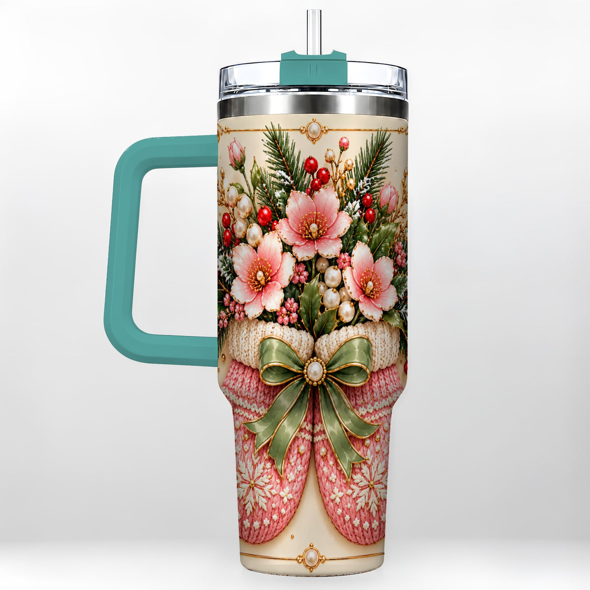 #pl[40oz|Green] Pink Christmas Mittens 40oz Tumbler with Handle, Floral Travel Cup