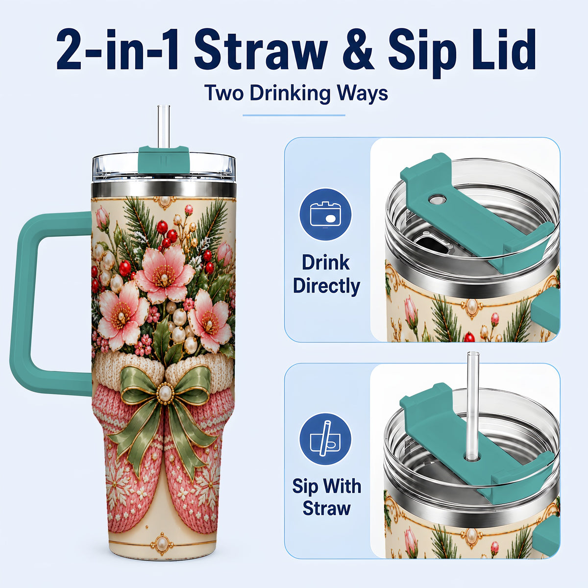 #pl[40oz|Green] Pink Christmas Mittens 40oz Tumbler with Handle, Floral Travel Cup