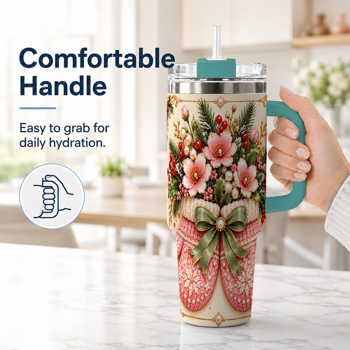 #pl[40oz|Green] Pink Christmas Mittens 40oz Tumbler with Handle, Floral Travel Cup