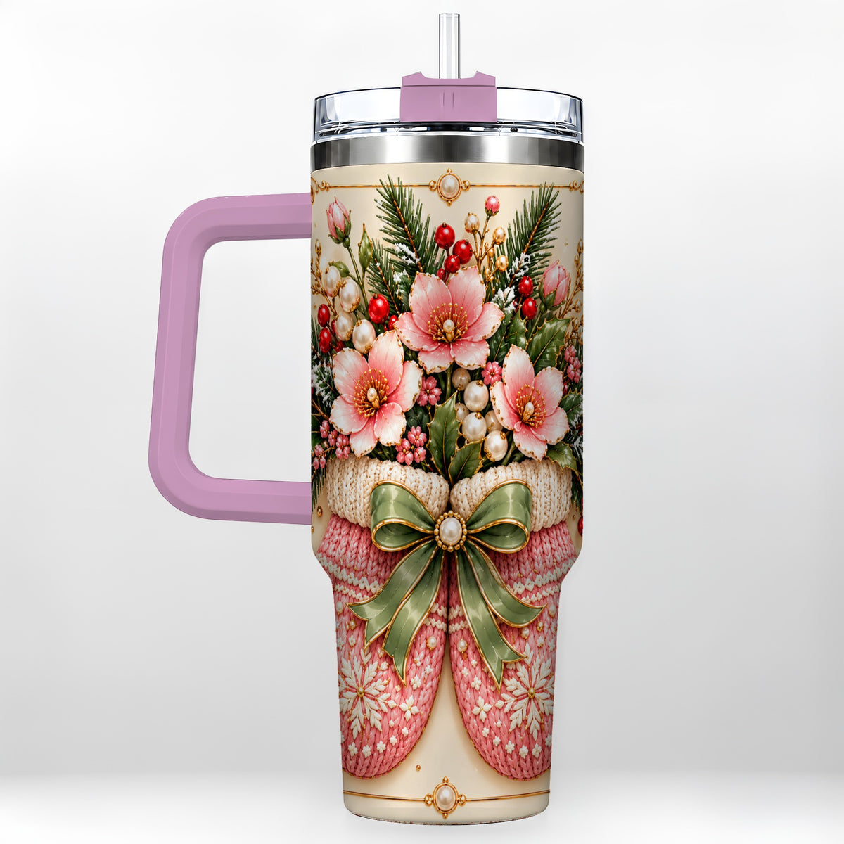 #pl[40oz|Pink] Pink Christmas Mittens 40oz Tumbler with Handle, Floral Travel Cup