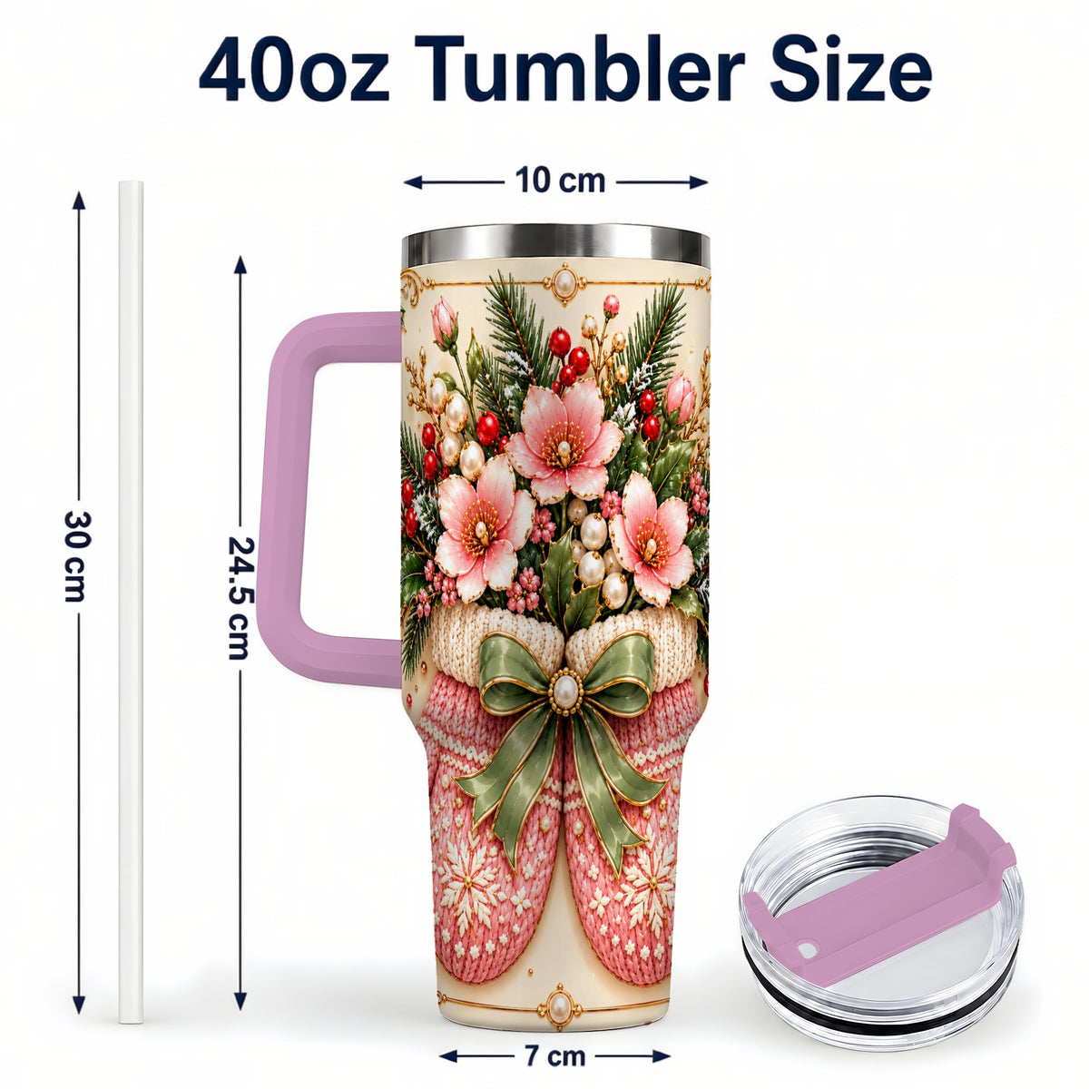 #pl[40oz|Pink] Pink Christmas Mittens 40oz Tumbler with Handle, Floral Travel Cup
