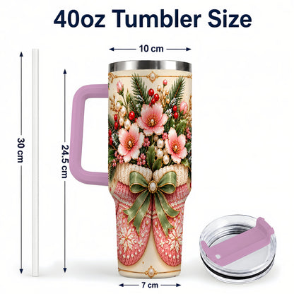 #pl[40oz|Pink] Pink Christmas Mittens 40oz Tumbler with Handle, Floral Travel Cup