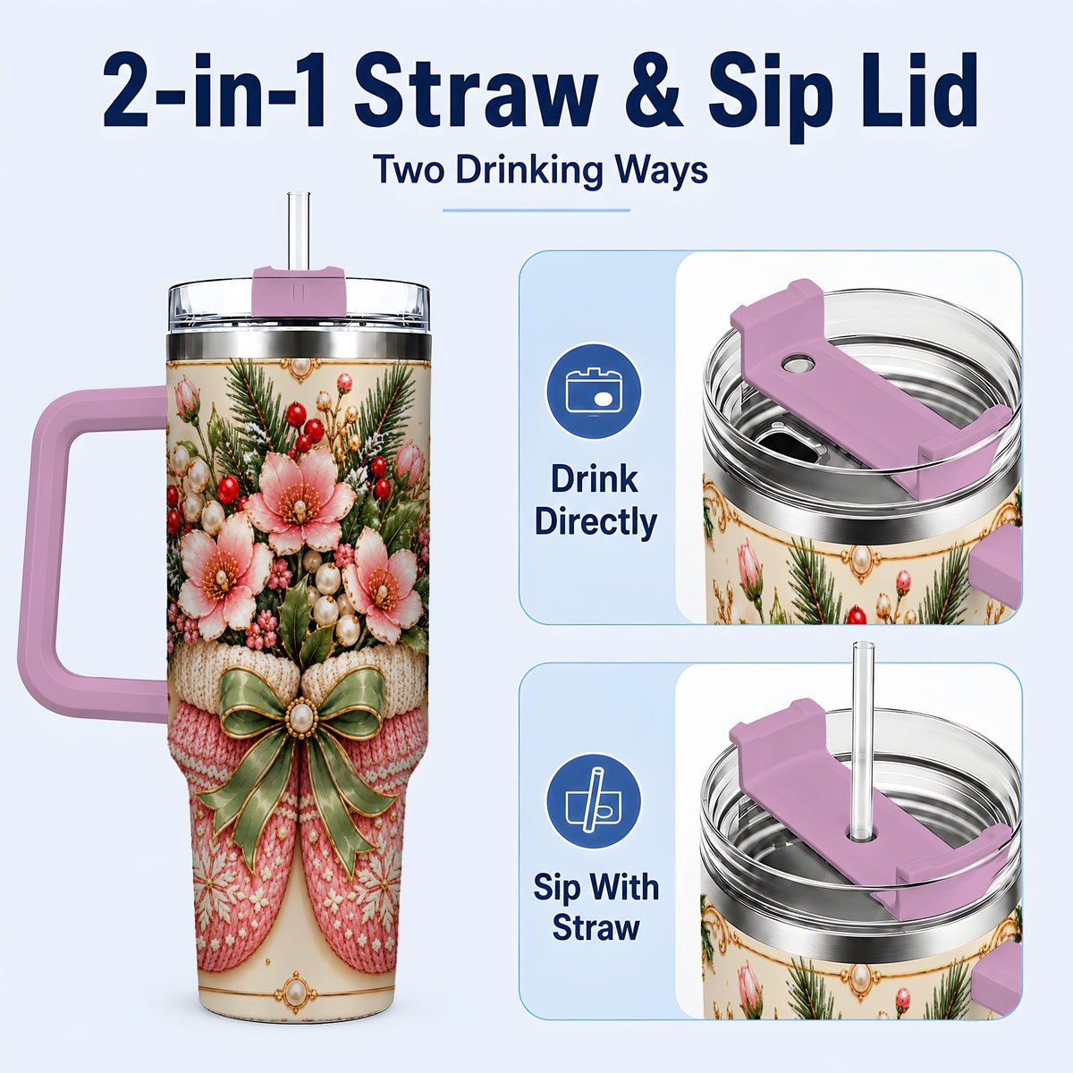 #pl[40oz|Pink] Pink Christmas Mittens 40oz Tumbler with Handle, Floral Travel Cup
